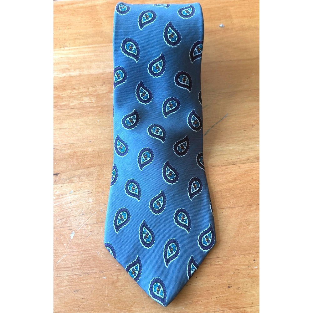 Mario Valentino Mens Slate Blue Paisley 100% Italian Silk Necktie Made in Italy